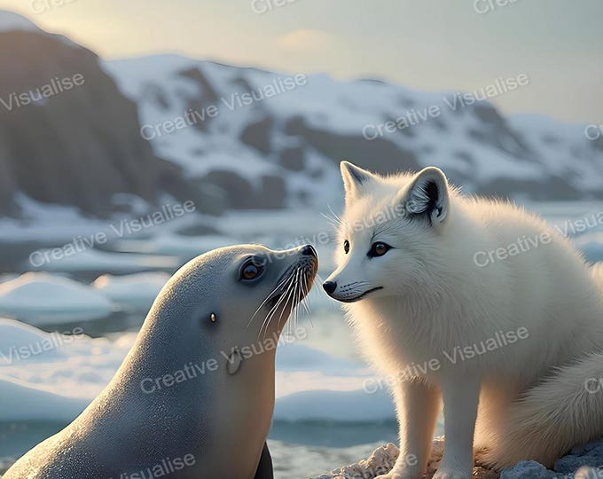 Arctic Fox and Seal Talking Beside Icy Stream in Snowy Polar Landscape