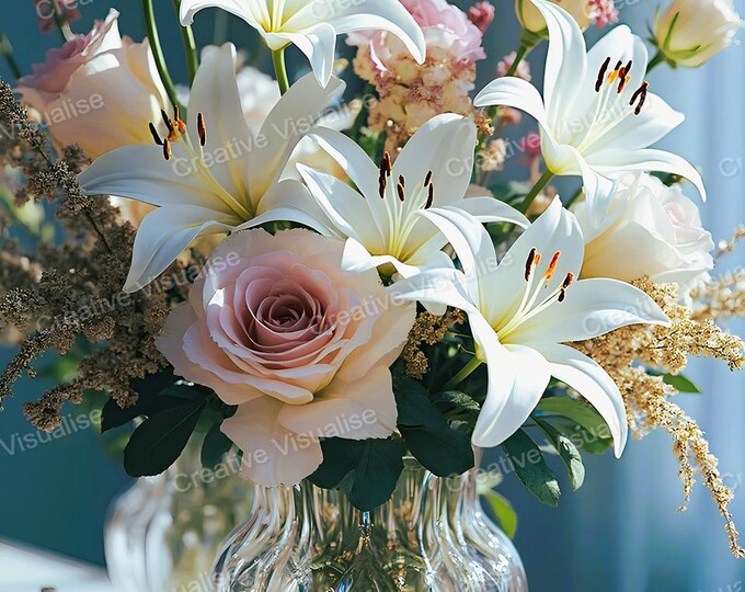 White Flower Bouquet in Glass Vase Printable Wall Art Floral Table Home Decor