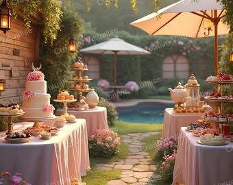 Hochzeitstafeln mit Hochzeitstorte, Gebäck, Samowar, Tee und Kaffee