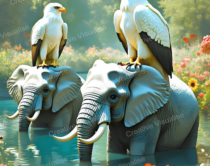 Eagles and Elephants Wildlife Wall Art Printable, Digital Download PNG PDF, Safari Animal Decor
