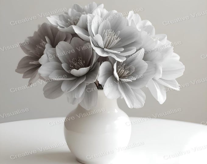 Black and White Bouquet of Flowers in Ceramic Vase on Table Minimalist Still Life