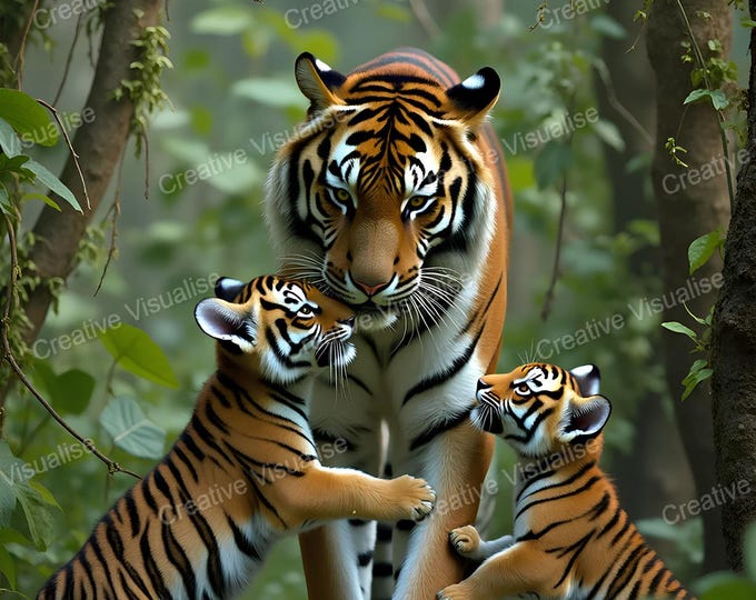 Tiger Walking with Cubs in Lush Jungle – Majestic Wildlife Family Wall Art