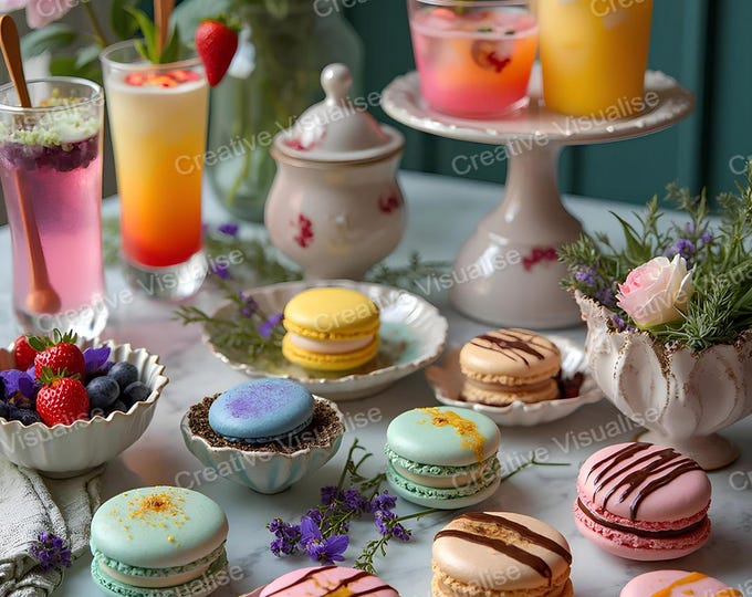 Colorful Cocoa-Coated Macarons with Assorted Drinks, Ice Cream, and Juices – Elegant Dessert Table Display