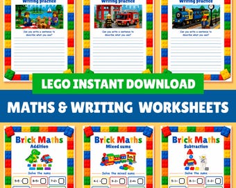 Lego Maths and Writing Worksheets | 8-Page Printable PDF | Ages 3-7 | Addition, Subtraction & Handwriting Practice