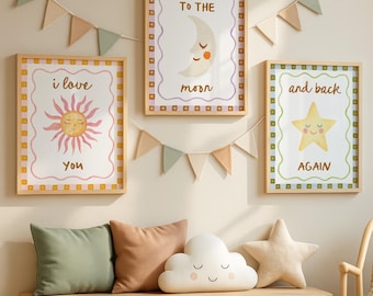 Love You to the Moon, Set Three Nursery Prints, Celestial Kids Wall Art (Digital Download)
