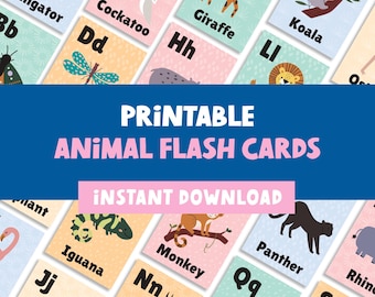 Alphabet Flashcards with Animals, Educational, Uppercase Lowercase ABC, Learning, Preschool Kids First Words (Digital Download PDF)