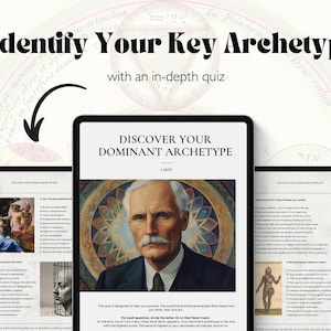 Pode incluir: Tablets exibindo um question&aacute;rio intitulado "Descubra seu arqu&eacute;tipo dominante". A imagem apresenta o texto: "Identifique seu arqu&eacute;tipo-chave com um question&aacute;rio aprofundado". O question&aacute;rio inclui perguntas e imagens.