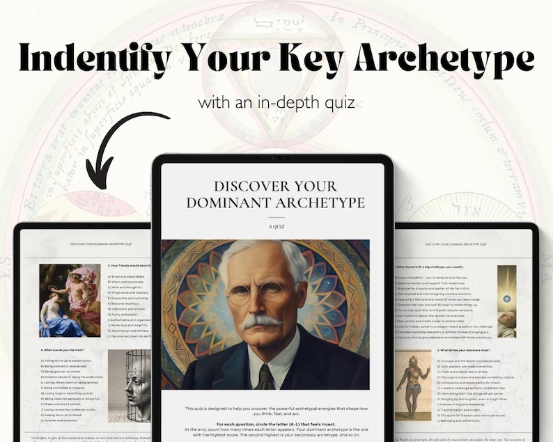 Pode incluir: Tablets exibindo um question&aacute;rio intitulado "Descubra seu arqu&eacute;tipo dominante". A imagem apresenta o texto: "Identifique seu arqu&eacute;tipo-chave com um question&aacute;rio aprofundado". O question&aacute;rio inclui perguntas e imagens.