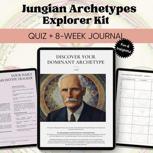 May include: A digital product titled "Jungian Archetypes Explorer Kit" with a quiz and 8-week journal. The image shows three tablets displaying text and graphics, including "Discover Your Dominant Archetype" and "Your Daily Archetype Tracker". The kit is designed for self-exploration.