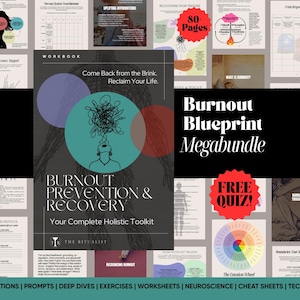May include: A digital workbook titled "Burnout Prevention & Recovery" with the text "Come Back from the Brink. Reclaim Your Life." The image includes pages with text, diagrams, and a "Free Quiz!" badge. The workbook is a holistic toolkit.