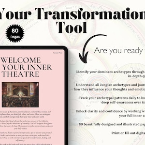 Pode incluir: Um caderno de exerc&iacute;cios digital intitulado "Your Transformation Tool" com 80 p&aacute;ginas. A tela exibe "Welcome to Your Inner Theatre" com uma imagem de um teatro. O texto inclui instru&ccedil;&otilde;es para identificar arqu&eacute;tipos, fazer um di&aacute;rio e construir autoconsci&ecirc;ncia.