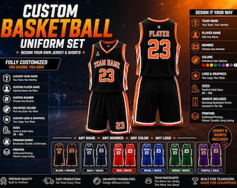 Custom Basketball Uniform Set, Personalized Jersey & Shorts, Team Name, Number, Colors