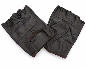 Guantes de levantamiento de pesas de cuero marrón oscuro, guantes de gimnasio sin dedos, protección para las manos durante el entrenamiento y el ejercicio.