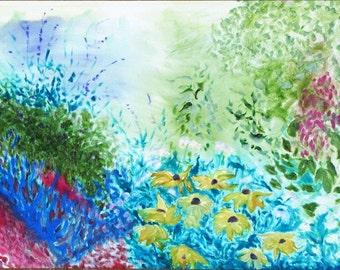 May include: Abstract watercolor painting of a garden scene with blue, green, yellow, and pink flowers. The flowers are painted in a loose, impressionistic style.