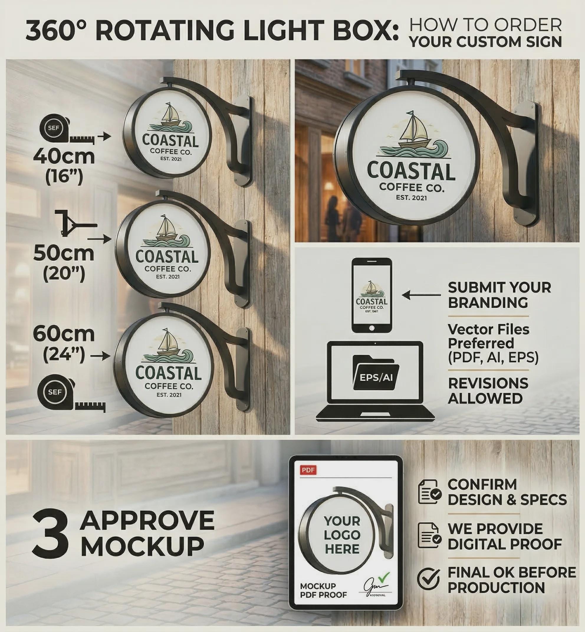 Storefront Light Box Design Custom Rotating Business LED Sign, Outdoor Double Sided Storefront ...