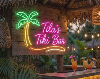 Custom Tiki Bar Name Neon Sign | Personalized LED Palm Tree Light | Home Bar Pub Man Cave Decor | Tiki Lounge Gift for Him Her