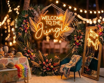Welcome to the Jungle Neon Sign | Personalized Custom LED Green Light | Tropical Party Bar Decor | Jungle Theme Wall Art | Unique Gift