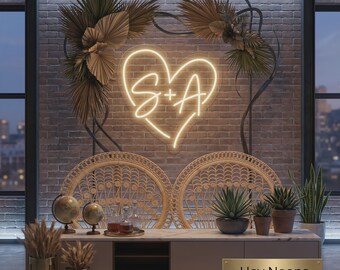 Custom Initials Heart Neon Sign, Personalized Couple Wedding Backdrop Light