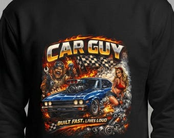 Moletom Car Guy Muscle Car com gola redonda | Estampa retrô de hot rod