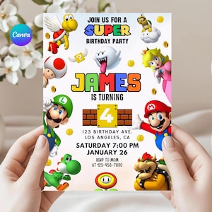 May include: A colorful birthday party invitation featuring characters from the Super Mario video game. The invitation includes the text "Join us for a Super Birthday Party" and "James is turning 4". The date and time are also included.