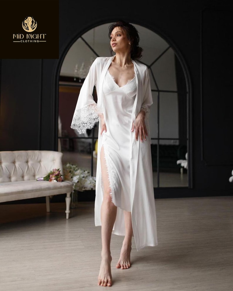 White Bride Robe White Long Bride Robe and Peignoir Set - Bridesmaid Robes With Lace ...
