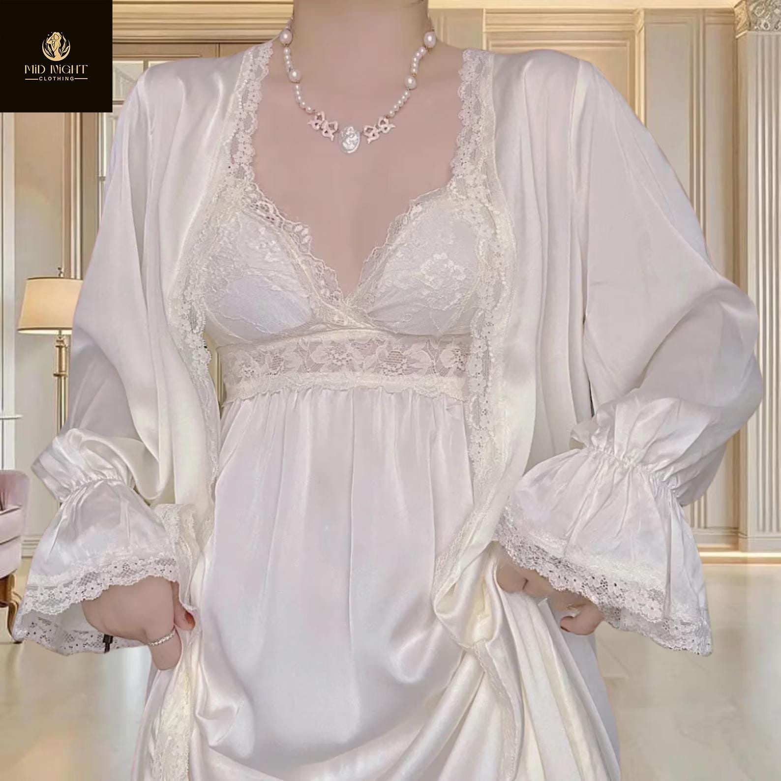 Vintage Lace Satin Nightgown and Robe Set Elegant Bridal Sleepwear or Boudoir Lingerie White Victorian Style Nightgown With Bell Sleeves - Etsy Vintage Lace Satin Nightgown and Robe Set Elegant Bridal Sleepwear or Boudoir Lingerie White Victorian Style Nightgown With Bell Sleeves - Etsy