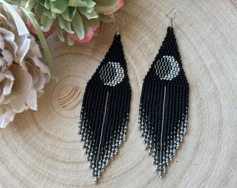 Bead earrings Moon beaded earrings Black silver beaded earrings Moon phase earrings Fringe earrings Long earrings Handmade earrings Gift
