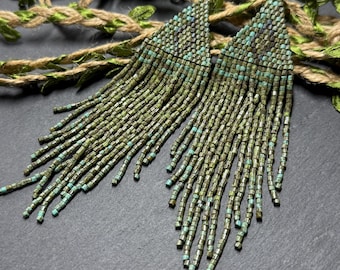 Unique Green Beaded Fringe Earrings, Long Boho Handmade Earrings, Dainty Native Jewelry, Gift for women