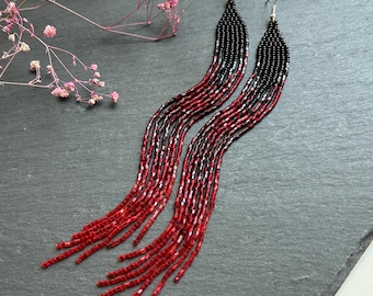 Bead earrings Black red earrings Long ombre earrings Fringe earrings Boho earrings Extra long earrings Unique earrings Handmade jewelry