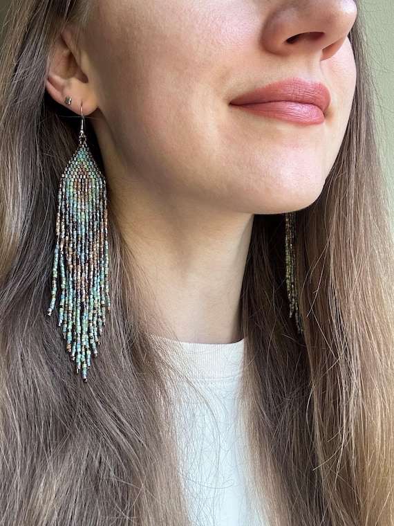 Bead earrings Turquoise earrings Long fringe earrings Multicolor earrings Boho earrings Handmade earrings Native earrings Bohemian earrings