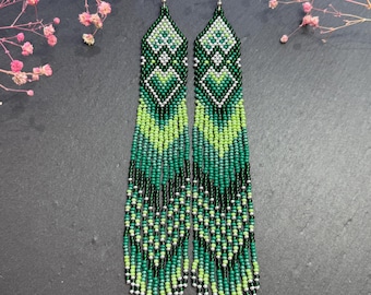 Unique Green Fringe Beaded Earrings - Boho Handmade Native Style - Gift for Her - Earrings for women