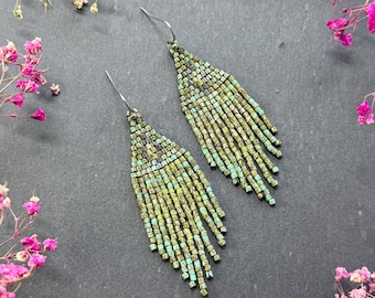 Green and Turquoise Beaded Fringe Earrings, Boho Dangle Earrings, Handmade Jewelry, Lightweight Gift for Her