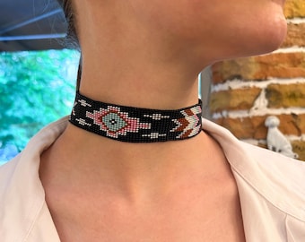 Black Beaded Choker With a Geometric Ornament, Native Boho Necklace, Unique Handmade Jewelry, Gift for her