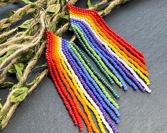 Long Rainbow Beaded Fringe Earrings, Colorful Boho Statement Earrings, Handmade Jewelry