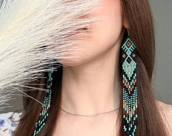 Turquoise and gold beaded earrings, Long handmade fringe earrings in boho style with ethnic motif, Perfect Gift for Her