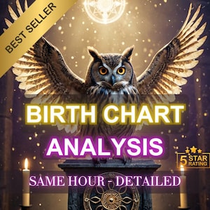 Könnte beinhalten: Digitalgrafik mit detaillierter Eule mit ausgebreiteten Flügeln, dem Text "BIRTH CHART ANALYSIS" in Gold und Lila und den Worten "SAME HOUR - DETAILED". Ein "BEST SELLER"-Banner befindet sich oben links.