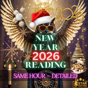 May include: Digital graphic featuring an owl wearing sunglasses and a Santa hat, with the text "New Year 2026 Reading." The image includes champagne bottles, a candle, and decorative elements, with a "5 Star Rating" badge.