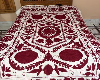 Handmade Suzani Cotton Bedspread, Floral Embroidered Throw