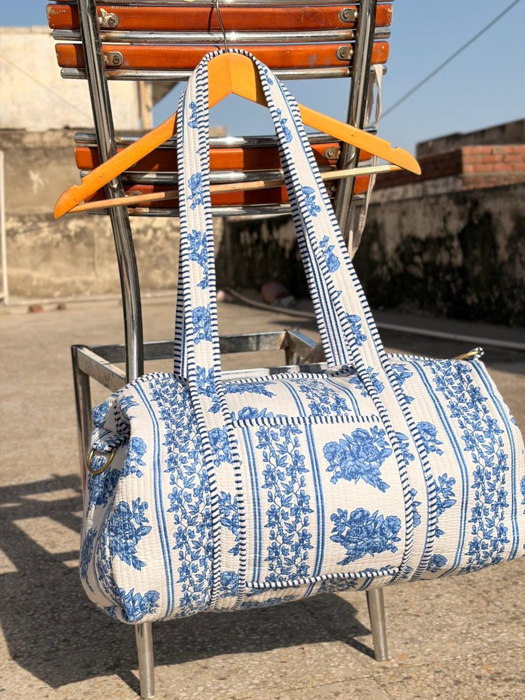 Handmade Indigo Printed Duffle Bag: Quilted Cotton Weekender/Yoga/Gym