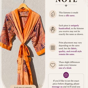 May include: A long-sleeved kimono robe featuring an orange and blue marbled pattern with solid orange trim and a tie waist. The image includes text: NOTE, This kimono is made from a silk saree. Each piece is uniquely handcrafted. Print placement may vary. These slight differences make every kimono one of a kind. If you'd like to see the exact piece before shipping, please message us.