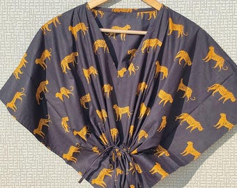 Vestido caftán de algodón, pareo playero con estampado de leopardo, ropa de resort