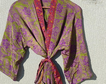 Kimono in seta stampata, vestaglia lunga e fluida per donna, ideale come abito da damigella d'onore, abbigliamento per il tempo libero o copricostume.