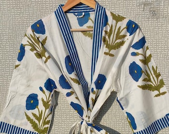 Handmade Floral Cotton Kimono Robe: Boho Block Print Loungewear