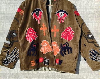 Green Velvet Suzani Embroidered Jacket, Boho Open Front Coat
