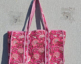 Handgemachte Kantha Baumwoll-Einkaufstasche mit Blockprint, wiederverwendbare Einkaufstasche