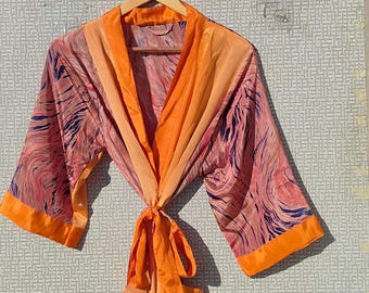 New Silk Sari Boho Kimono Robe – Oriental Paisley Duster Lounge Gown