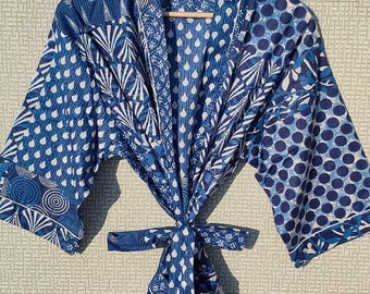 Men’s Cotton Block print House Robe Kimono - Indigo White Blue Patchwork Geometric Garden