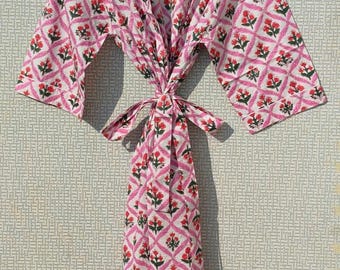 Rosa Kimono Robe mit Blumenmuster, Boho Baumwoll-Gaze Loungewear