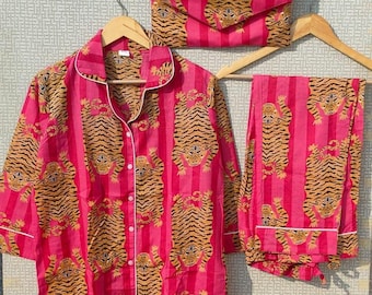 Tiger Print Cotton Pajama Set: Indian Handmade Sleepwear, Stylish Loungewear