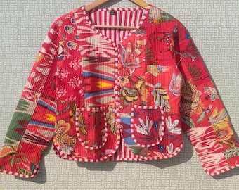 Handgemaakt Indiaas gewatteerd katoenen jack met patchwork, omkeerbare boho-jas